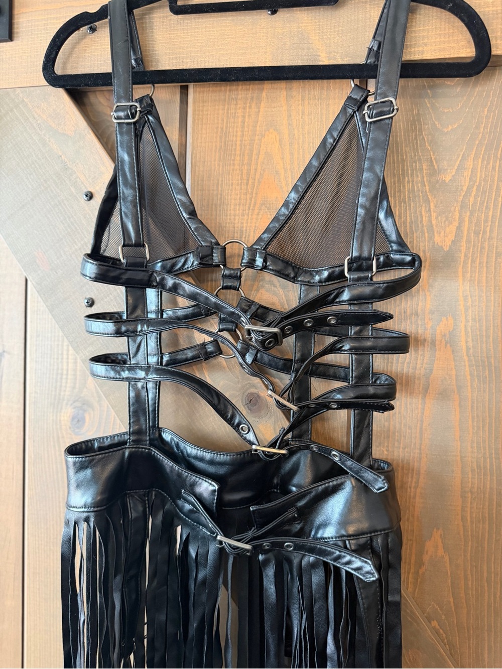 Black Faux Leather Fringe Maxi Dress with Harness Straps - Picture 6 of 13